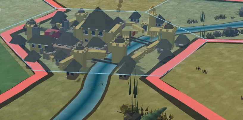A river town seen from above, quarters spread across both banks