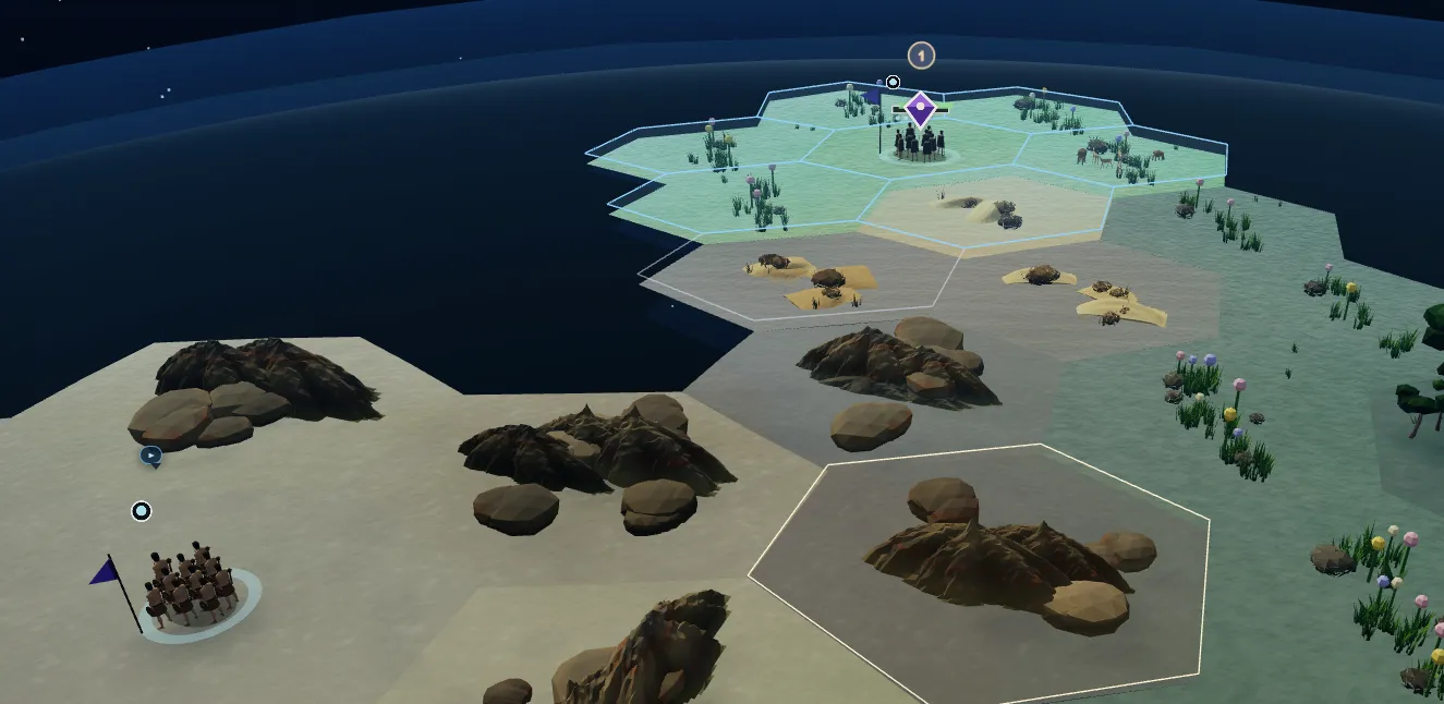 Hex territory curving over the planet horizon, with a unit formation