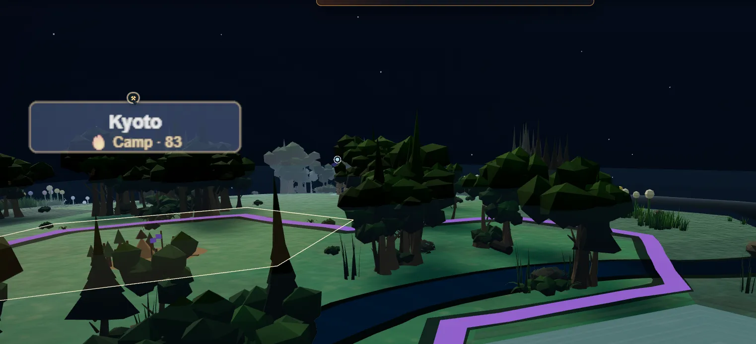 A camp at night, borders and a river under a starfield
