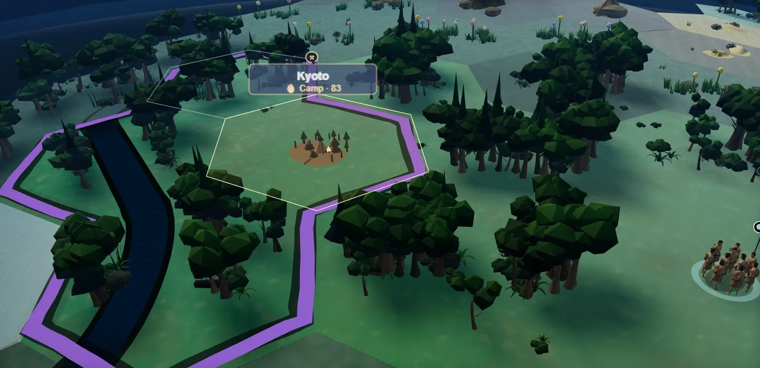 A river running past claimed borders and dense forest around a young city