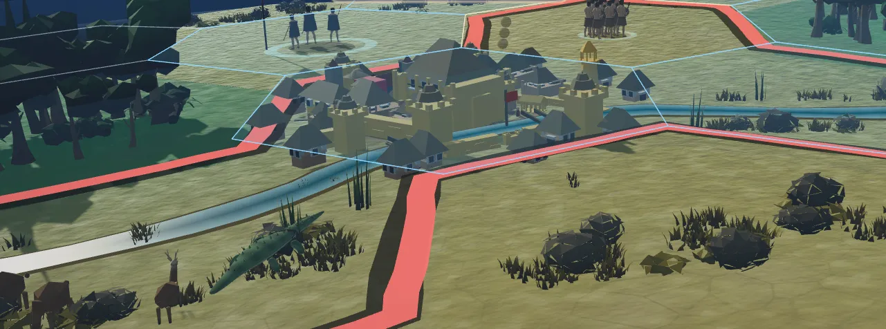 A walled city beside a river, with a warrior band on the ridge above