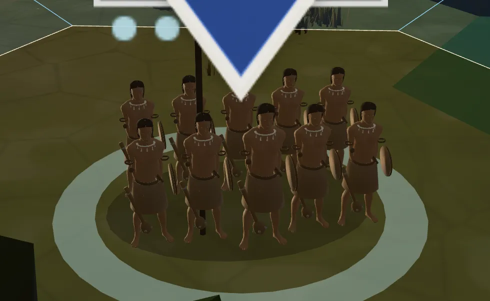 Close-up of a ten-man warrior band, each figure individually modelled and rigged