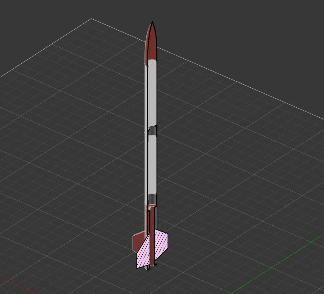 Model rocket in red and white livery seen at an angle, showing fins and nose cone