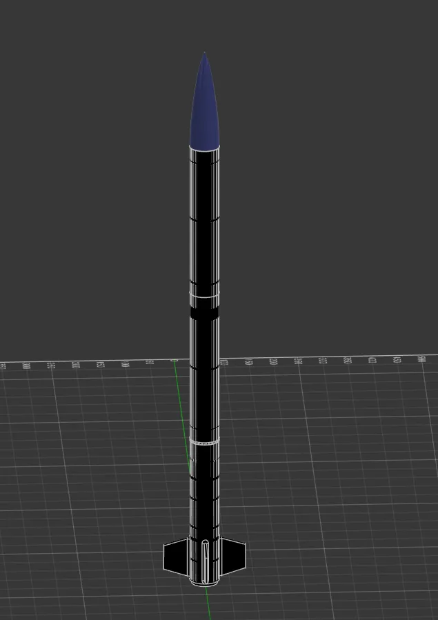 Model rocket standing on the grid in a dark 3D viewport, seen from the side