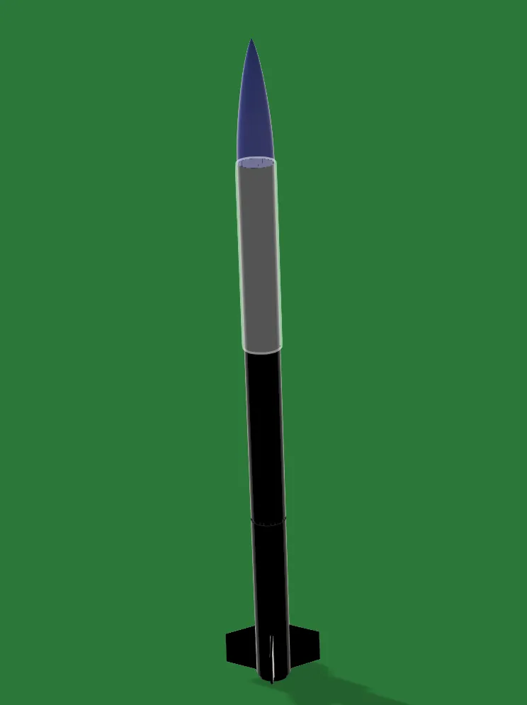 Shaded render of the model rocket with a blue nose cone and dark body