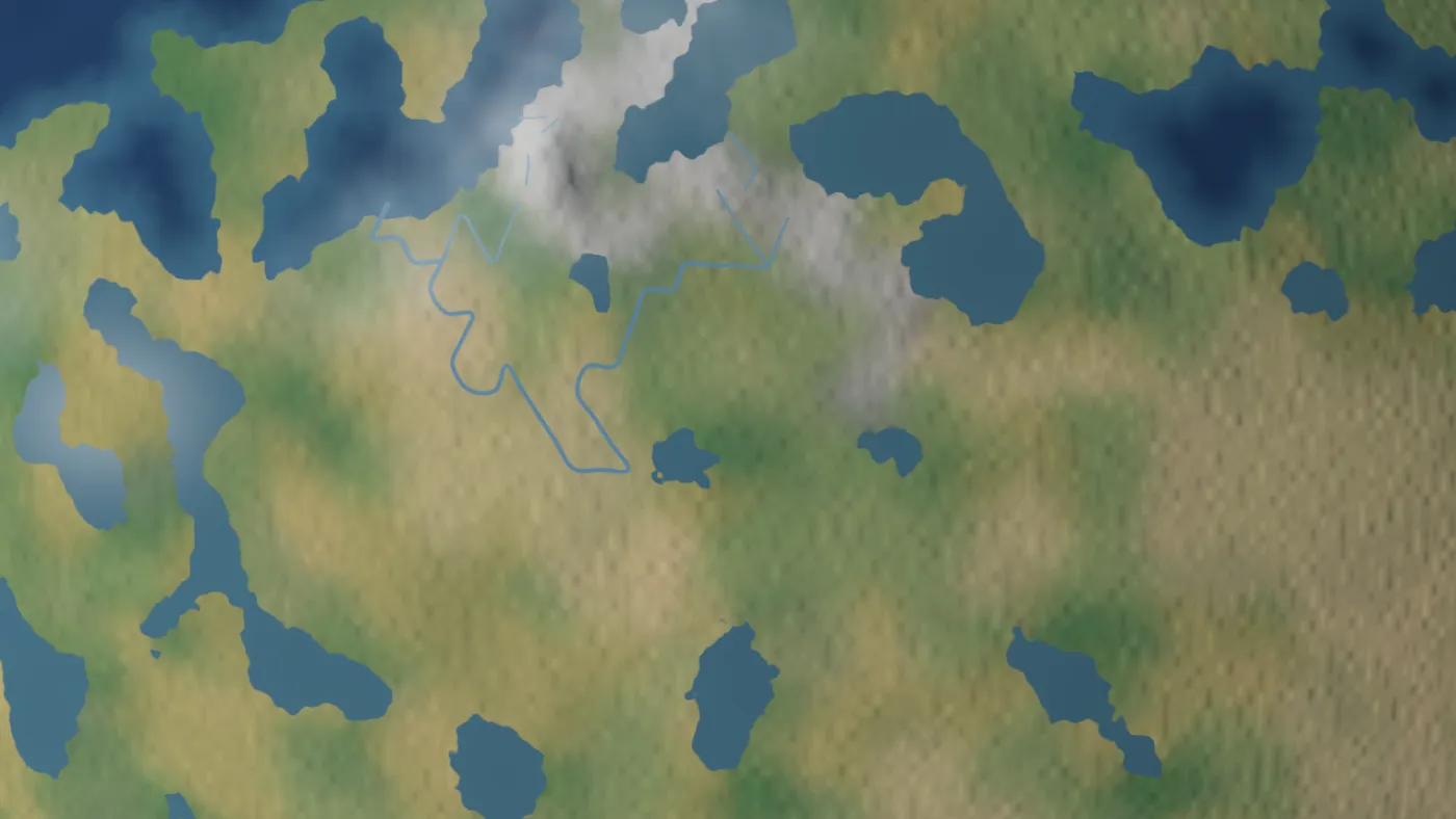 A continent interior with lakes, winding rivers and a cloud band crossing a mountain range
