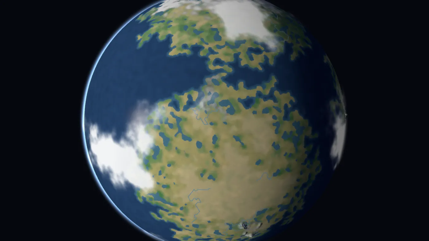 A generated planet seen from orbit, with continents, inland lakes, cloud bands and a thin atmosphere at the limb