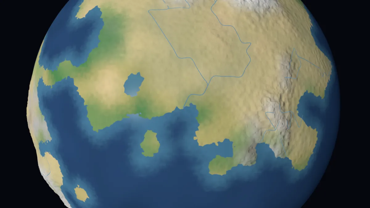 Close view of a continent with relief, a central lake and rivers drawn as thin ribbons down to the coast