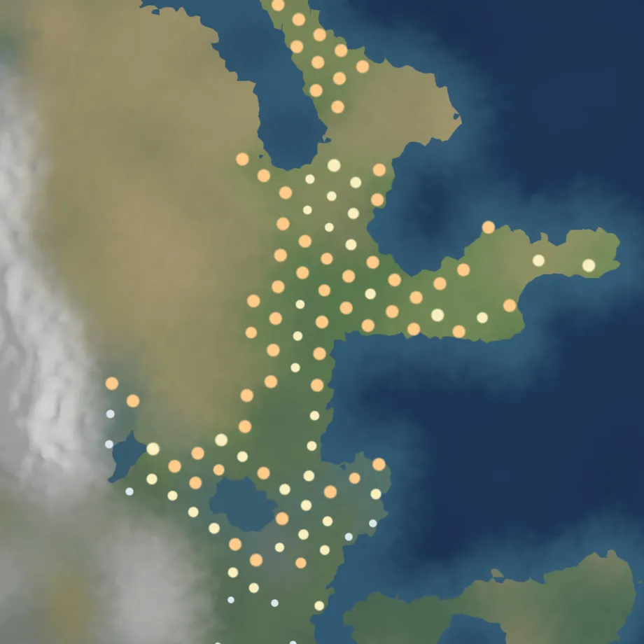 A coastline dotted with settlements in pale and orange tones