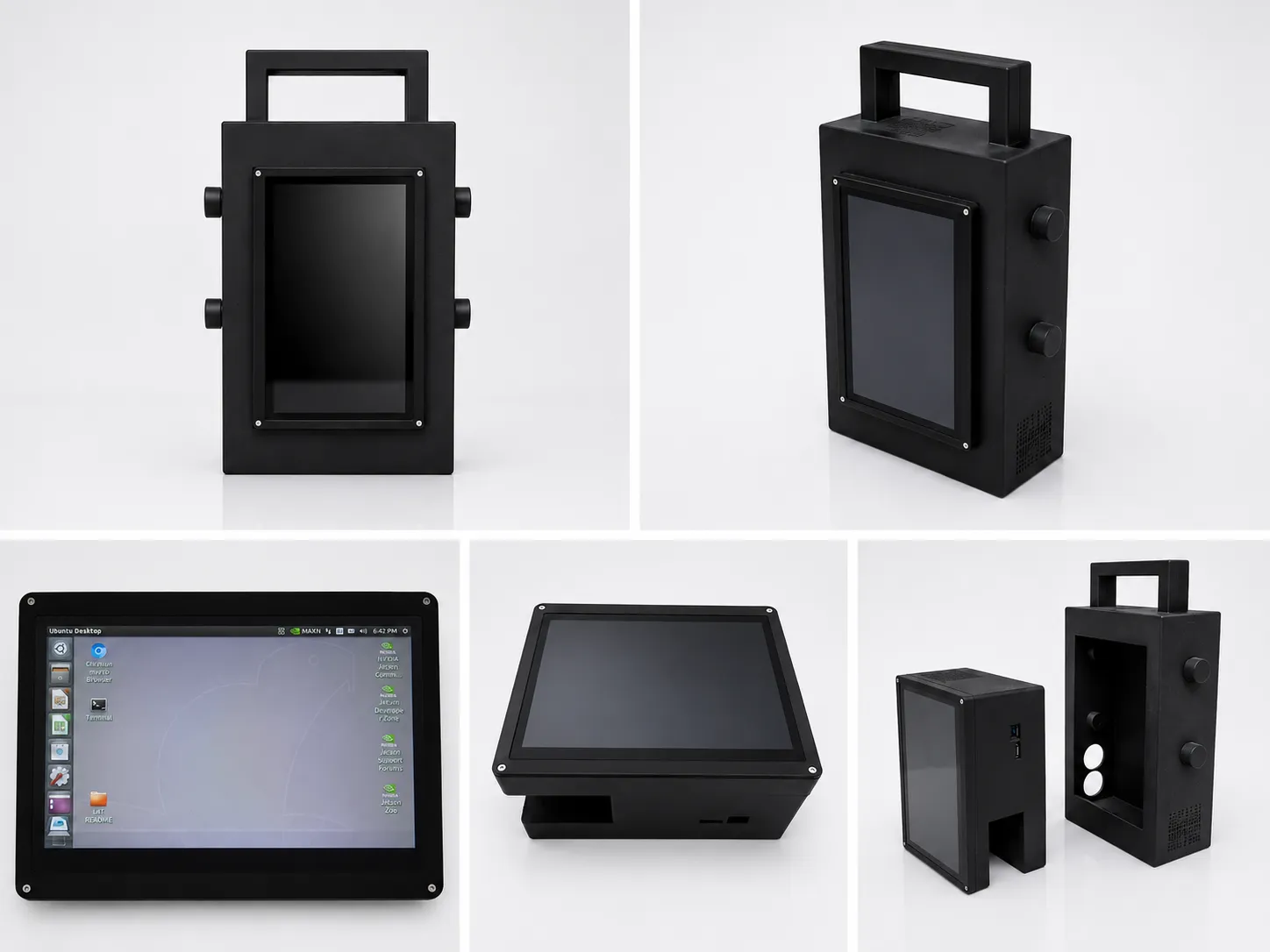 Portable AI workstation built around an NVIDIA Jetson module, shown from five angles